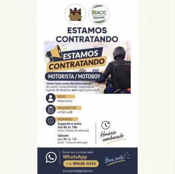 OPORTUNIDADE DE EMPREGO - MOTORISTA/MOTOBOY